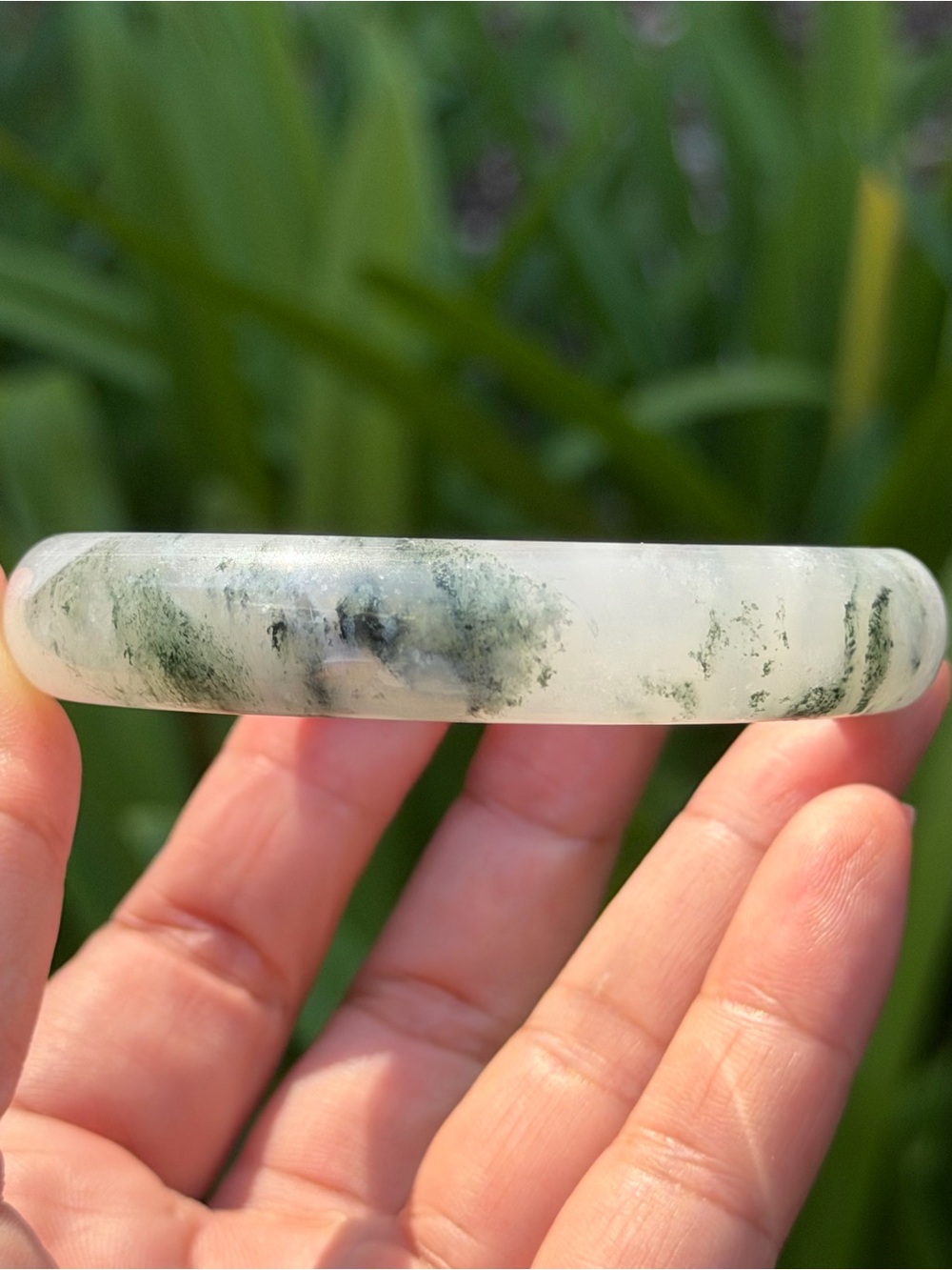 Handcrafted Moss Agatey Bangle Bracelet - Green and White Palo